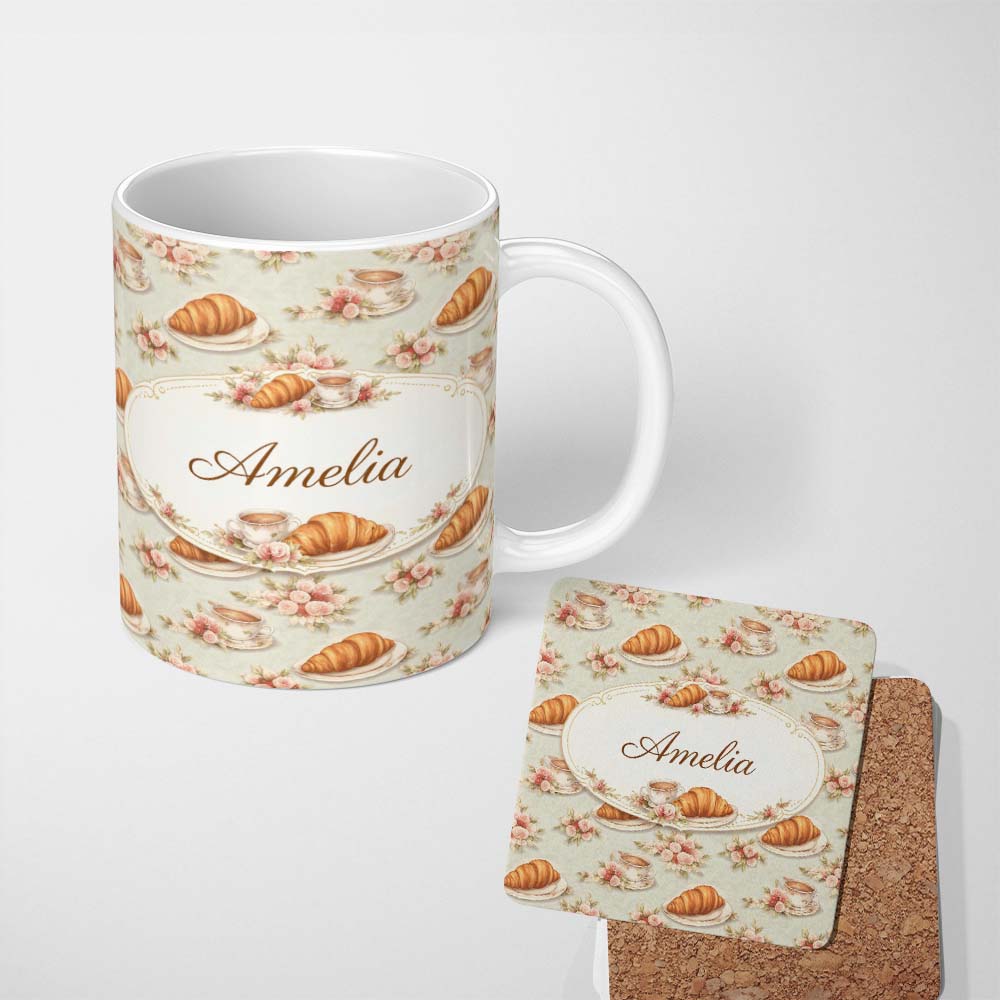 Personalized Custom Name Croissant Coffee Strawberry Dessert Seamless Pattern Bakery Lovely 11oz Ceramic Coffee Tea Mug White Large Handle