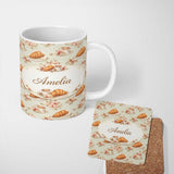 Personalized Custom Name Croissant Coffee Strawberry Dessert Seamless Pattern Bakery Lovely 11oz Ceramic Coffee Tea Mug White Large Handle