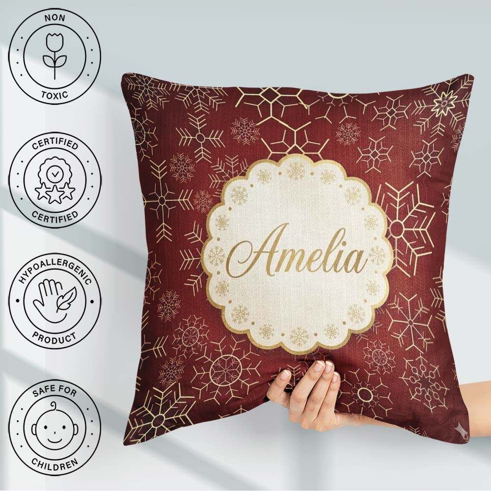 Custom Name Elegant Gold Snowflake Background Christmas Seamless Square Filled Cushion Throw Pillow Sofa Bed Home Decor Zip Washable UK Made