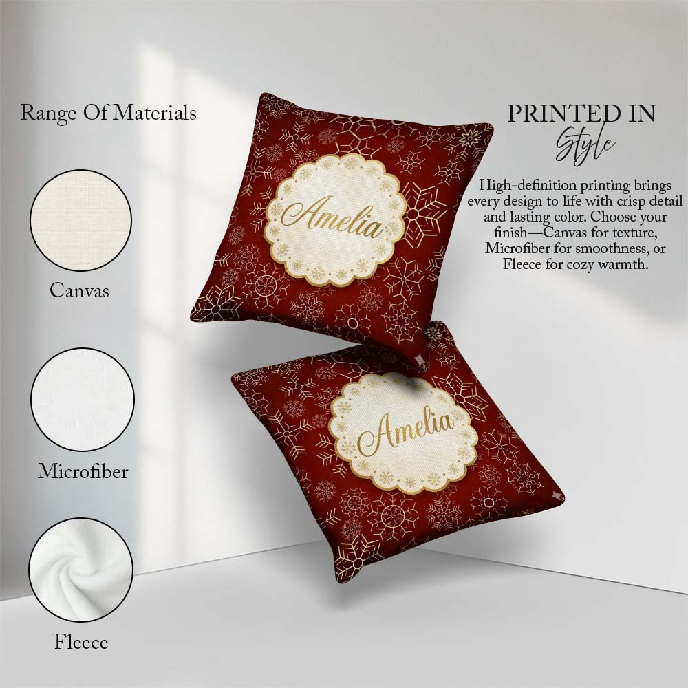 Custom Name Elegant Gold Snowflake Background Christmas Seamless Square Filled Cushion Throw Pillow Sofa Bed Home Decor Zip Washable UK Made