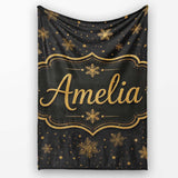 Luxury Gold Snowflake Black Background Christmas Seamless Pattern  Personalised Custom Name Super Soft Fleece Blanket Bed Sofa Throw