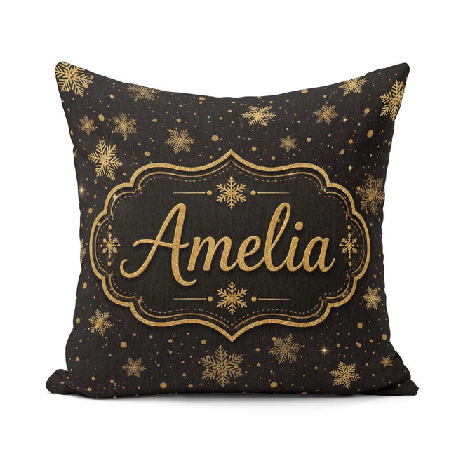 Custom Name Luxury Snowflake Black Background Christmas Seamless Square Filled Cushion Throw Pillow Sofa Bed Home Decor Zip Washable UK Made