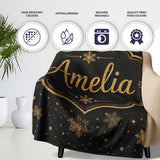 Luxury Gold Snowflake Black Background Christmas Seamless Pattern  Personalised Custom Name Super Soft Fleece Blanket Bed Sofa Throw