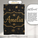 Luxury Gold Snowflake Black Background Christmas Seamless Pattern  Personalised Custom Name Super Soft Fleece Blanket Bed Sofa Throw