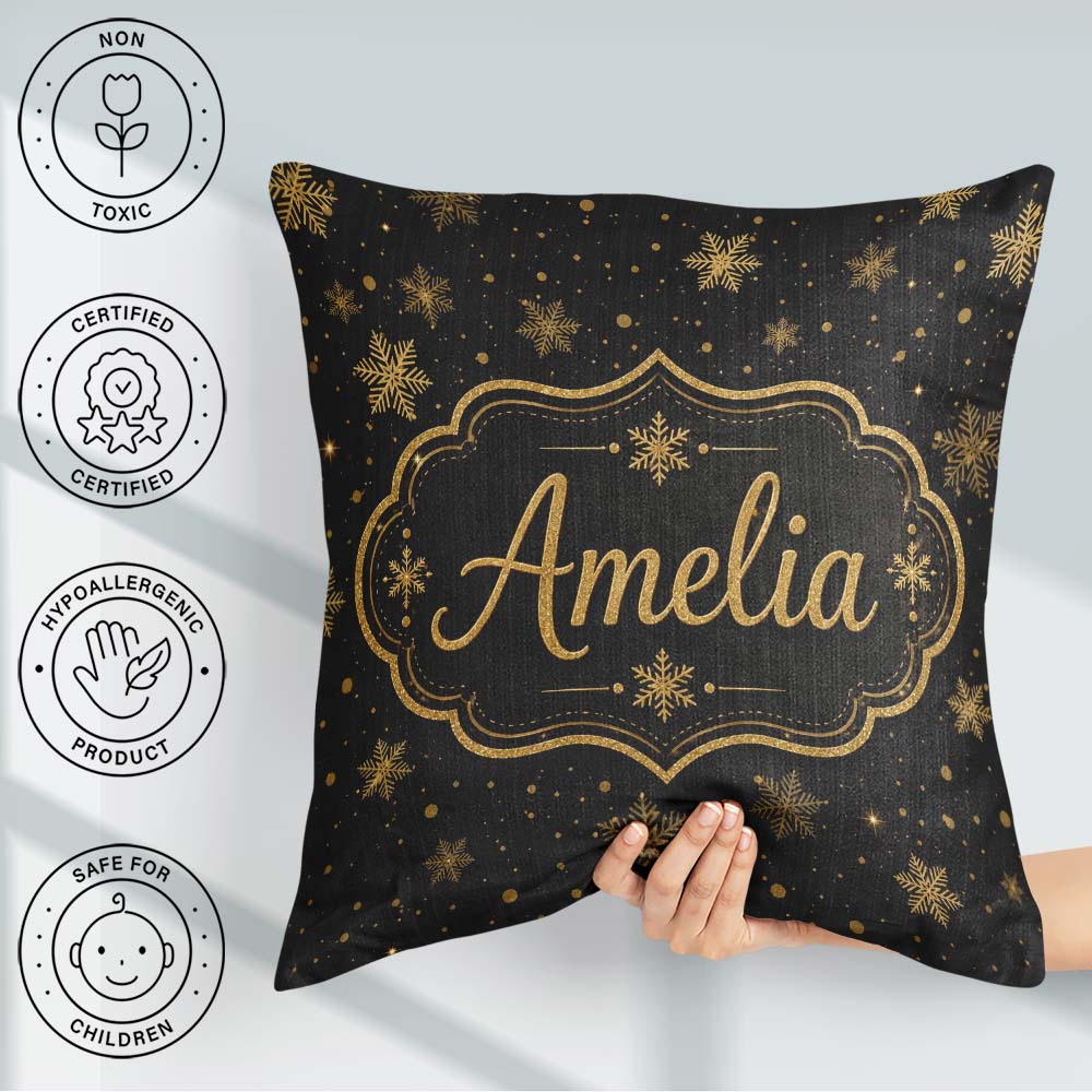 Custom Name Luxury Snowflake Black Background Christmas Seamless Square Filled Cushion Throw Pillow Sofa Bed Home Decor Zip Washable UK Made