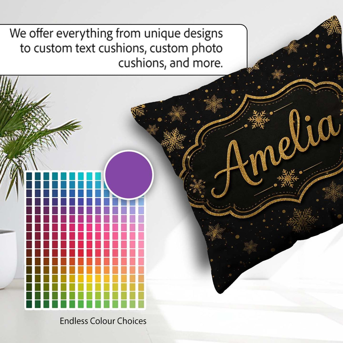 Custom Name Luxury Snowflake Black Background Christmas Seamless Square Filled Cushion Throw Pillow Sofa Bed Home Decor Zip Washable UK Made