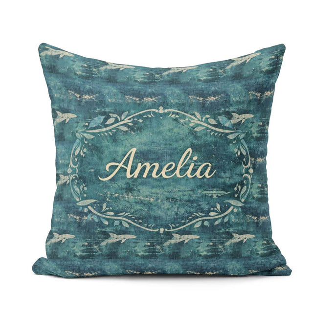 Custom Name Dark Ocean Whale Seamless Pattern Deep Marine Animal Square Filled Cushion Throw Pillow Sofa Bed Home Decor Zip Washable UK Made