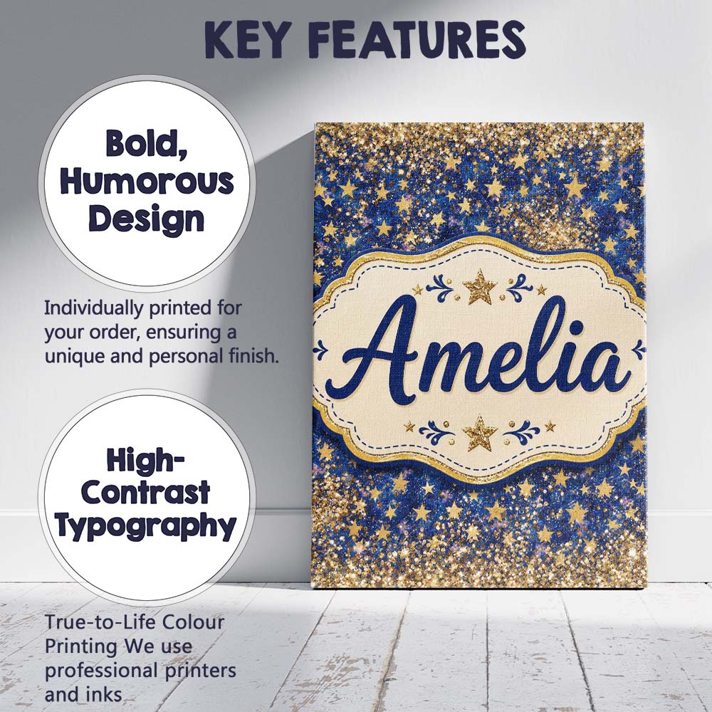 Personalised Name Blue Galaxy Gold Stars Custom  Unique Gift Idea Elegant Feature Canvas Wall Art Print Decor Picture Ready to Hang