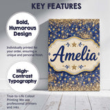Personalised Name Blue Galaxy Gold Stars Custom  Unique Gift Idea Elegant Feature Canvas Wall Art Print Decor Picture Ready to Hang