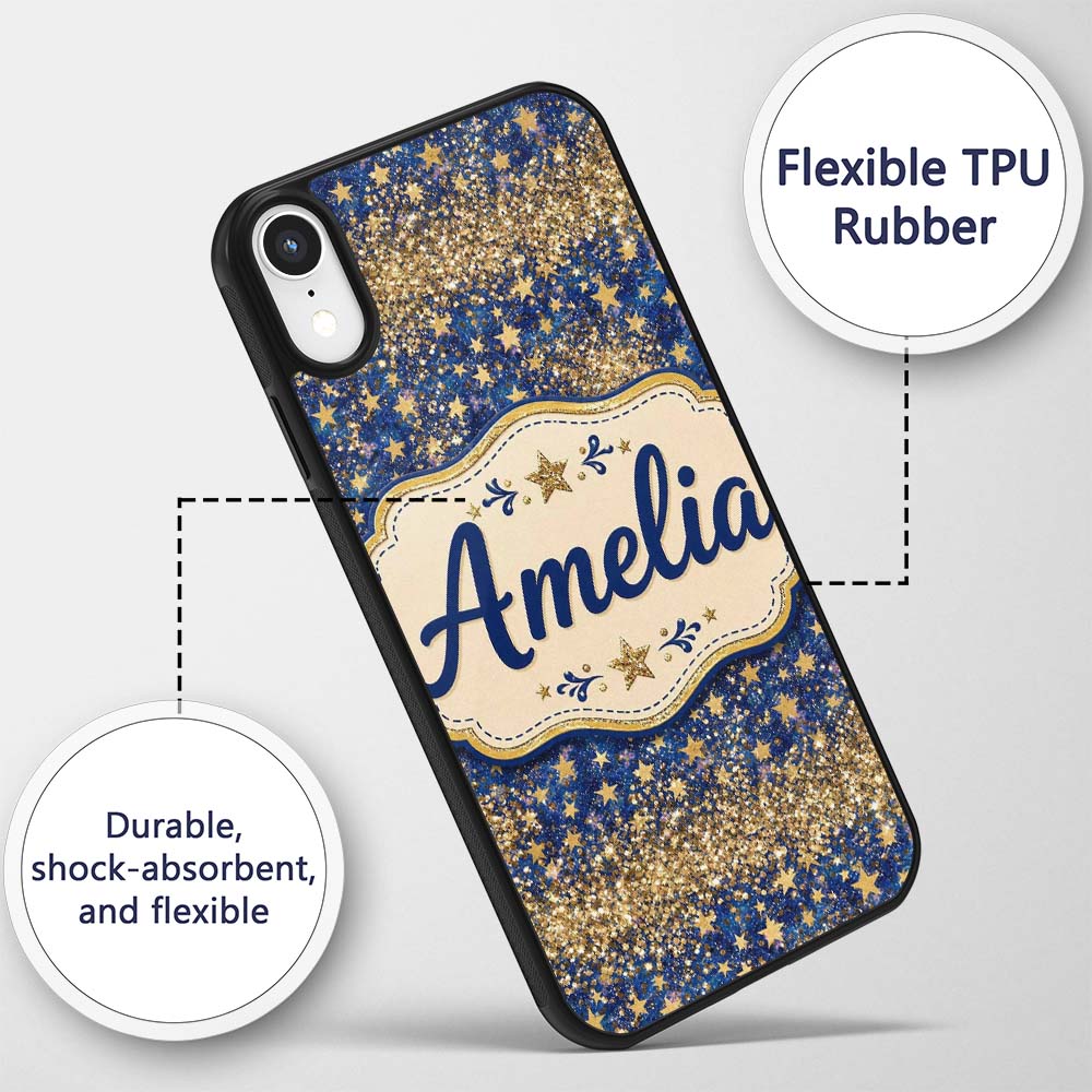 Blue Galaxy Gold Stars Glitter Christmas Seamless Custom Name Protective Phone Case Mobile Cover Durable Everyday Smartphone Shock Resistant