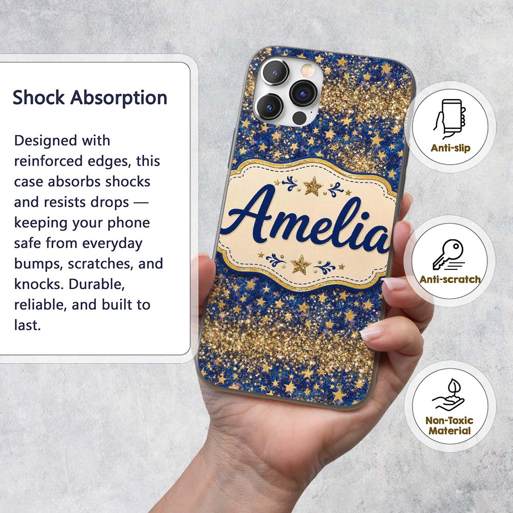 Blue Galaxy Gold Stars Glitter Christmas Seamless Custom Name Protective Phone Case Mobile Cover Durable Everyday Smartphone Shock Resistant