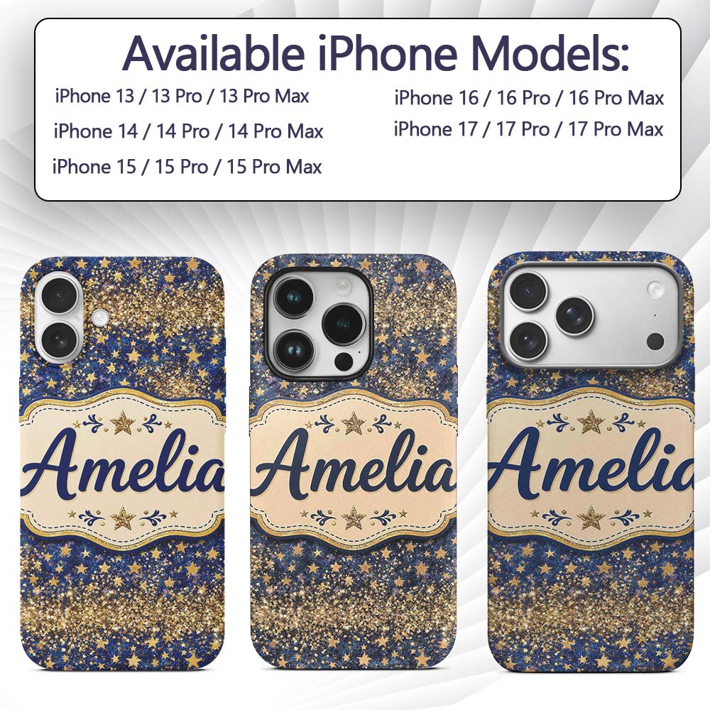 Blue Galaxy Gold Stars Glitter Christmas Seamless Custom Name Protective Phone Case Mobile Cover Durable Everyday Smartphone Shock Resistant