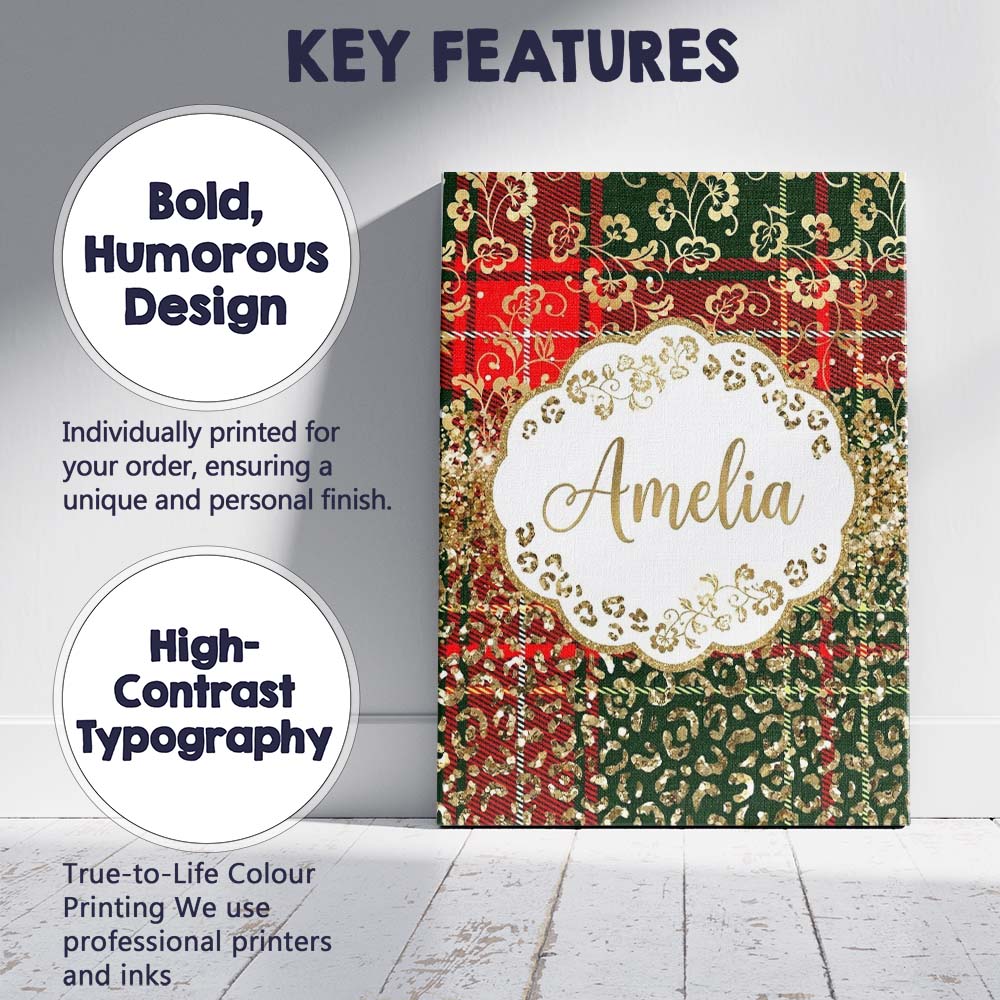 Personalised Name Festive Plaid Gold Floral Custom  Bespoke Interior Contemporary Canvas Wall Art Print Decor Picture Ready to Hang