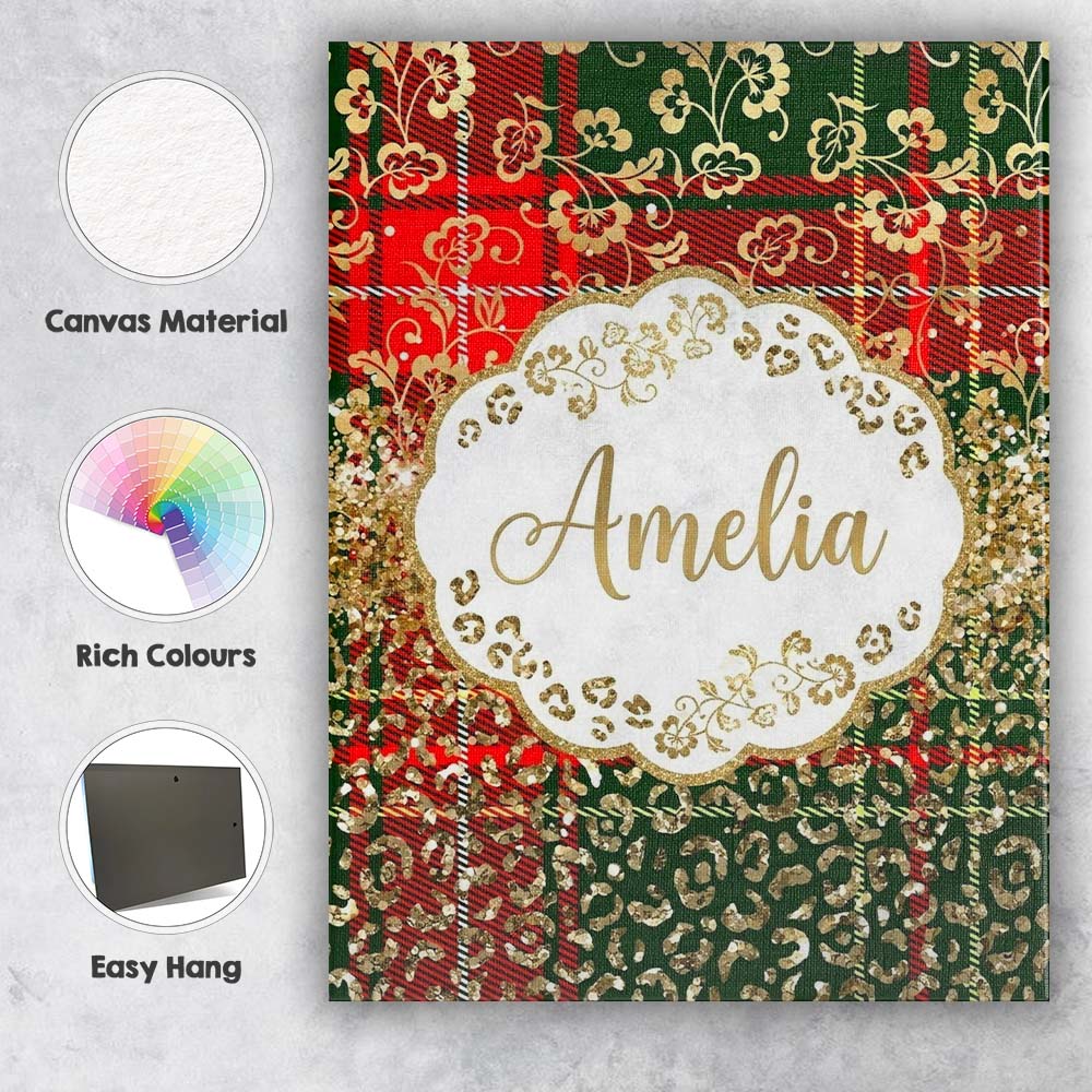 Personalised Name Festive Plaid Gold Floral Custom  Bespoke Interior Contemporary Canvas Wall Art Print Decor Picture Ready to Hang