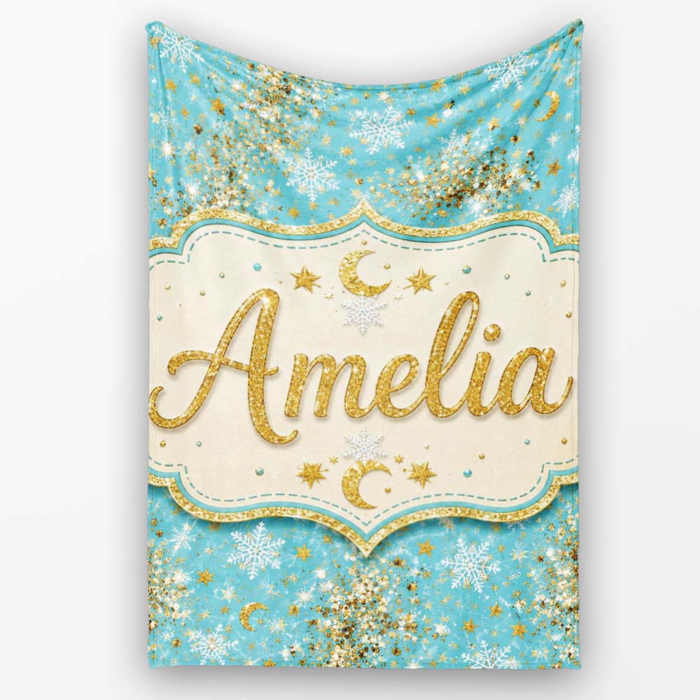 Light Blue Gold Snowflake Star Glitter Christmas Seamless Pattern  Personalised Custom Name Super Soft Fleece Blanket Bed Sofa Throw