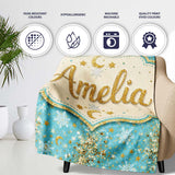 Light Blue Gold Snowflake Star Glitter Christmas Seamless Pattern  Personalised Custom Name Super Soft Fleece Blanket Bed Sofa Throw