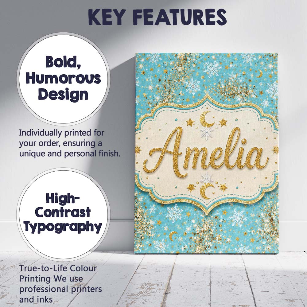 Personalised Name Light Blue Gold Snowflake Custom  Bespoke Interior Contemporary Canvas Wall Art Print Decor Picture Ready to Hang