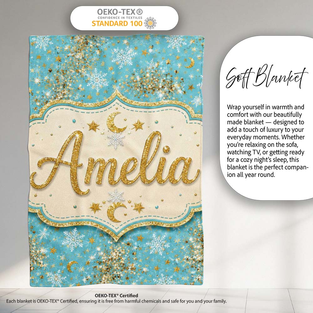 Light Blue Gold Snowflake Star Glitter Christmas Seamless Pattern  Personalised Custom Name Super Soft Fleece Blanket Bed Sofa Throw