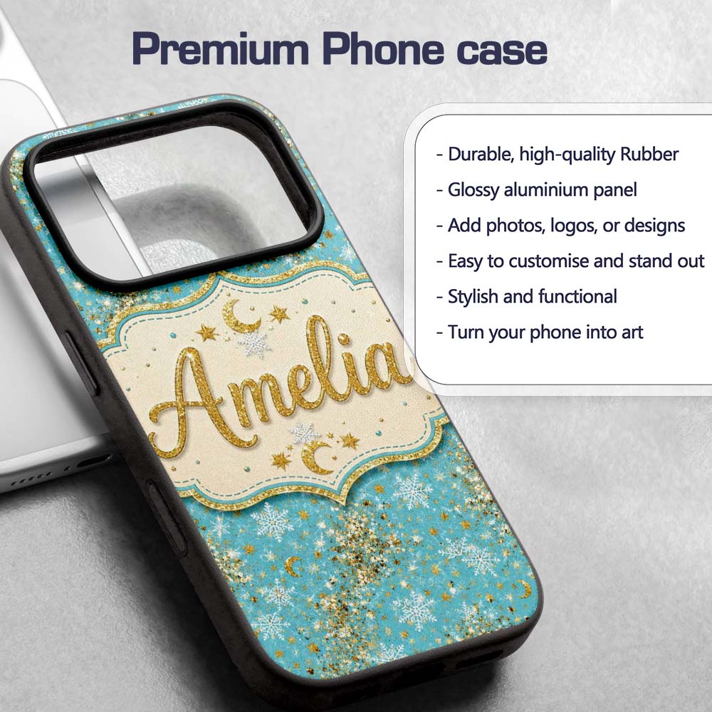 Light Blue Gold Snowflake Star Glitter Christmas Custom Name Protective Phone Case Mobile Cover Durable Everyday Smartphone Shock Resistant