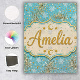 Personalised Name Light Blue Gold Snowflake Custom  Bespoke Interior Contemporary Canvas Wall Art Print Decor Picture Ready to Hang