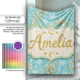 Light Blue Gold Snowflake Star Glitter Christmas Seamless Pattern  Personalised Custom Name Super Soft Fleece Blanket Bed Sofa Throw