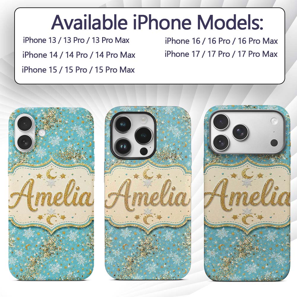 Light Blue Gold Snowflake Star Glitter Christmas Custom Name Protective Phone Case Mobile Cover Durable Everyday Smartphone Shock Resistant
