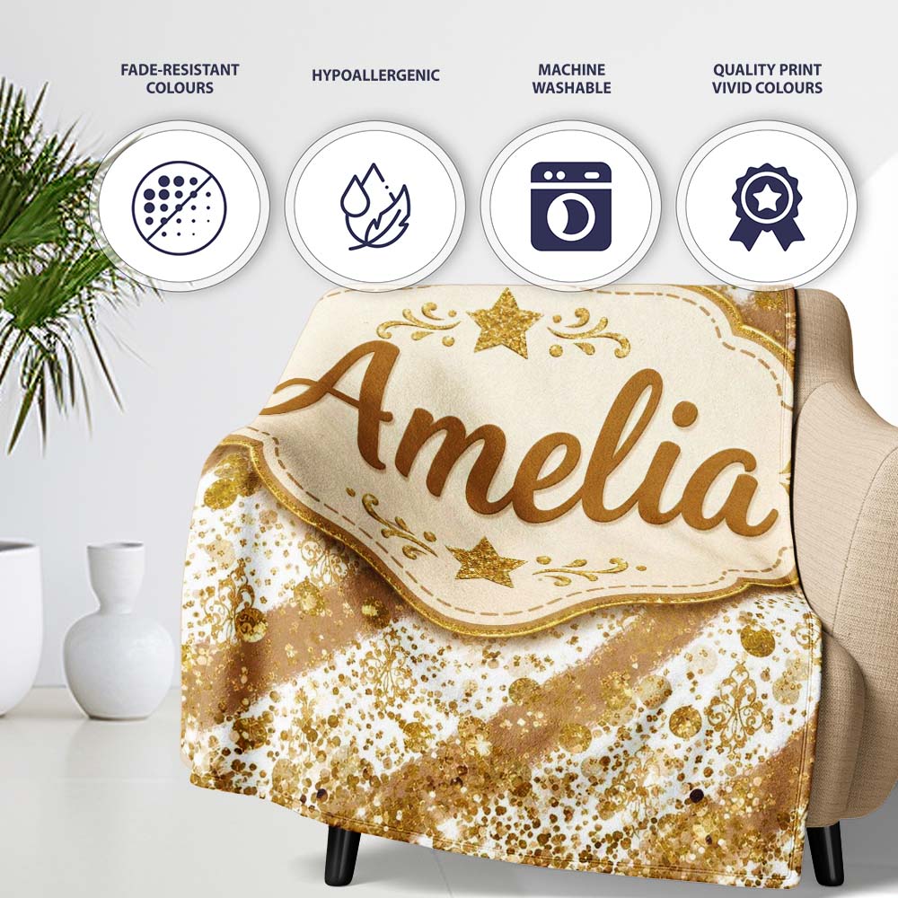 Gold Glitter Damask Stripe Elegant Seamless Pattern Cute Unique Gift  Personalised Custom Name Super Soft Fleece Blanket Bed Sofa Throw