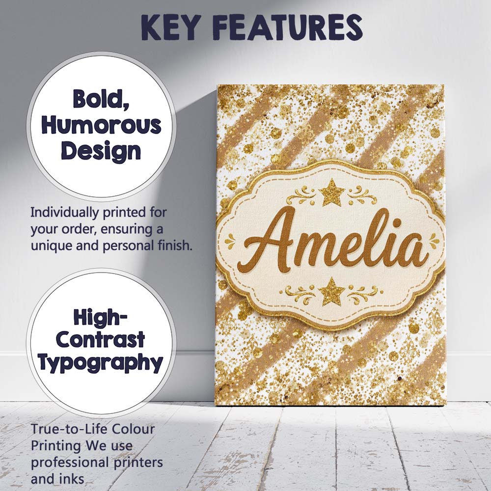 Personalised Name Gold Glitter Damask Custom Modern Room Accent Creative Decorator Style Canvas Wall Art Print Decor Picture Ready to Hang