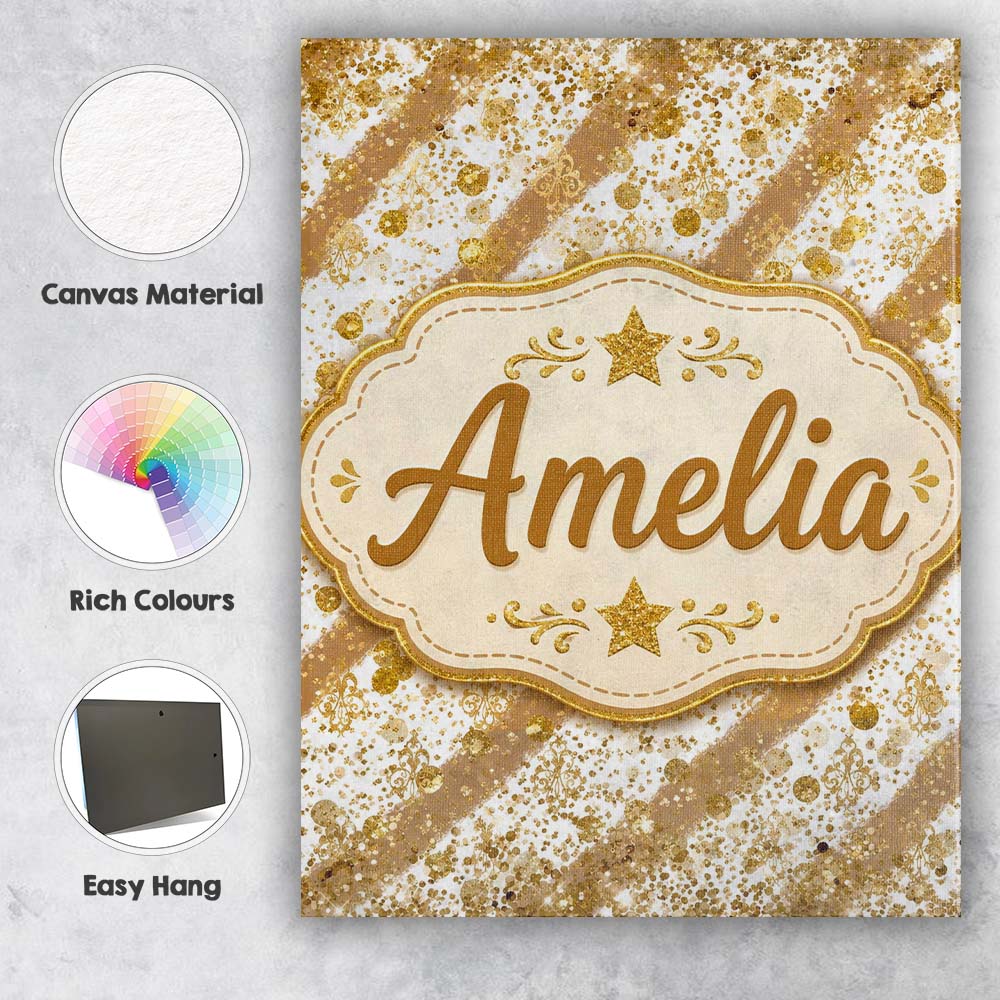 Personalised Name Gold Glitter Damask Custom Modern Room Accent Creative Decorator Style Canvas Wall Art Print Decor Picture Ready to Hang