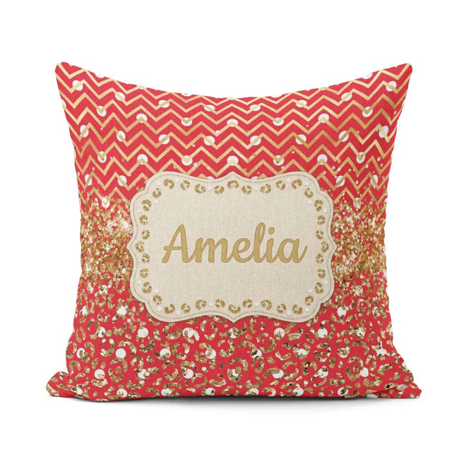 Custom Name Red Gold Chevron Leopard Glitter Christmas Seamless Square Filled Cushion Throw Pillow Sofa Bed Home Decor Zip Washable UK Made