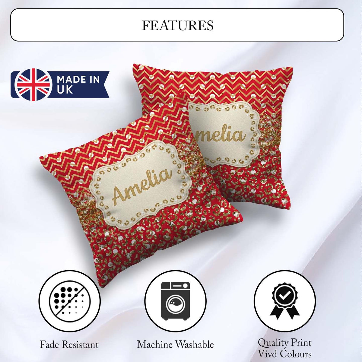 Custom Name Red Gold Chevron Leopard Glitter Christmas Seamless Square Filled Cushion Throw Pillow Sofa Bed Home Decor Zip Washable UK Made