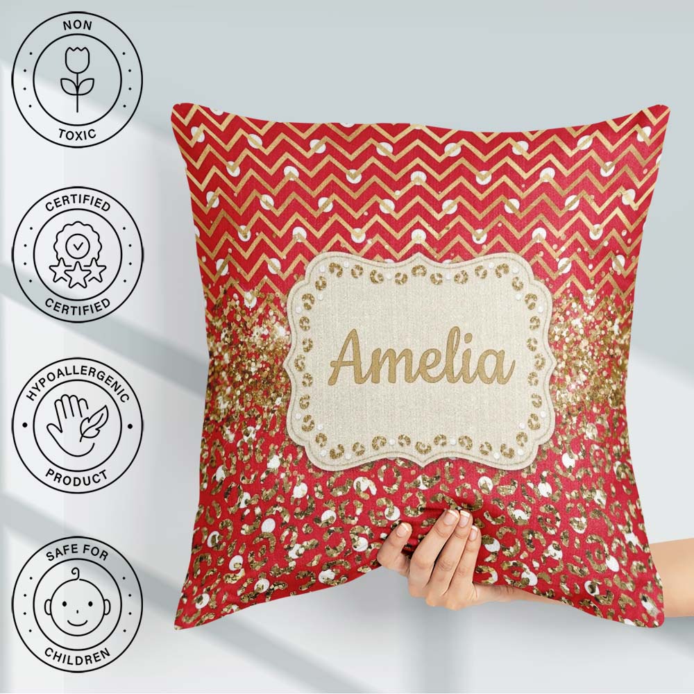 Custom Name Red Gold Chevron Leopard Glitter Christmas Seamless Square Filled Cushion Throw Pillow Sofa Bed Home Decor Zip Washable UK Made