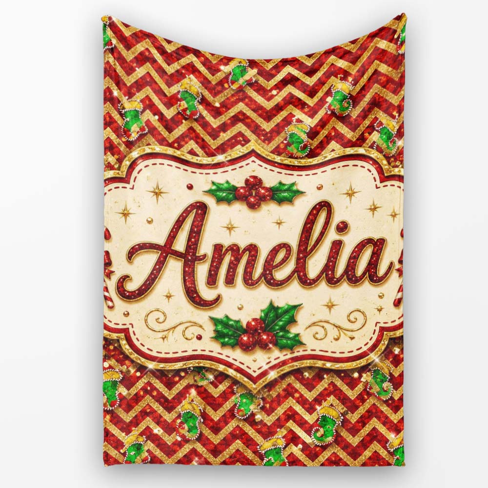 Festive Red Chevron Gingerbread Leopard Glitter Seamless Pattern  Personalised Custom Name Super Soft Fleece Blanket Bed Sofa Throw