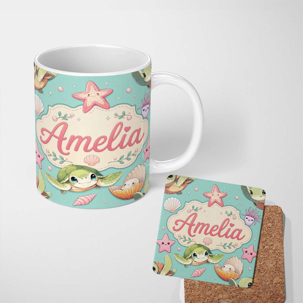 Personalized Custom Name Cute Sea Turtle Starfish Shell Kawaii Ocean Seamless Pattern Teal 11oz Ceramic Coffee Tea Mug White Large Handle