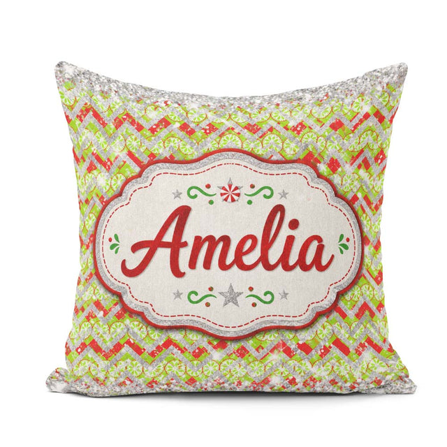 Custom Name Green Red Chevron Glitter Christmas Seamless Pattern Square Filled Cushion Throw Pillow Sofa Bed Home Decor Zip Washable UK Made