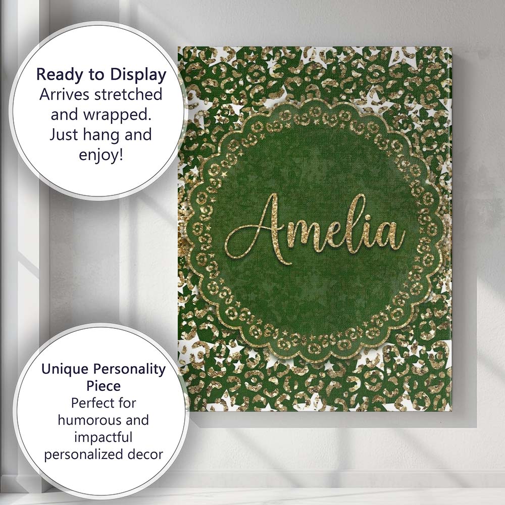 Personalised Name Green Leopard Gold Custom Premium Decorative Design Modern Room Accent Canvas Wall Art Print Decor Picture Ready to Hang