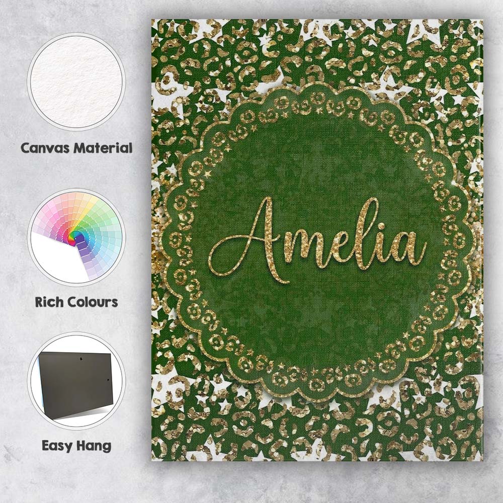 Personalised Name Green Leopard Gold Custom Premium Decorative Design Modern Room Accent Canvas Wall Art Print Decor Picture Ready to Hang