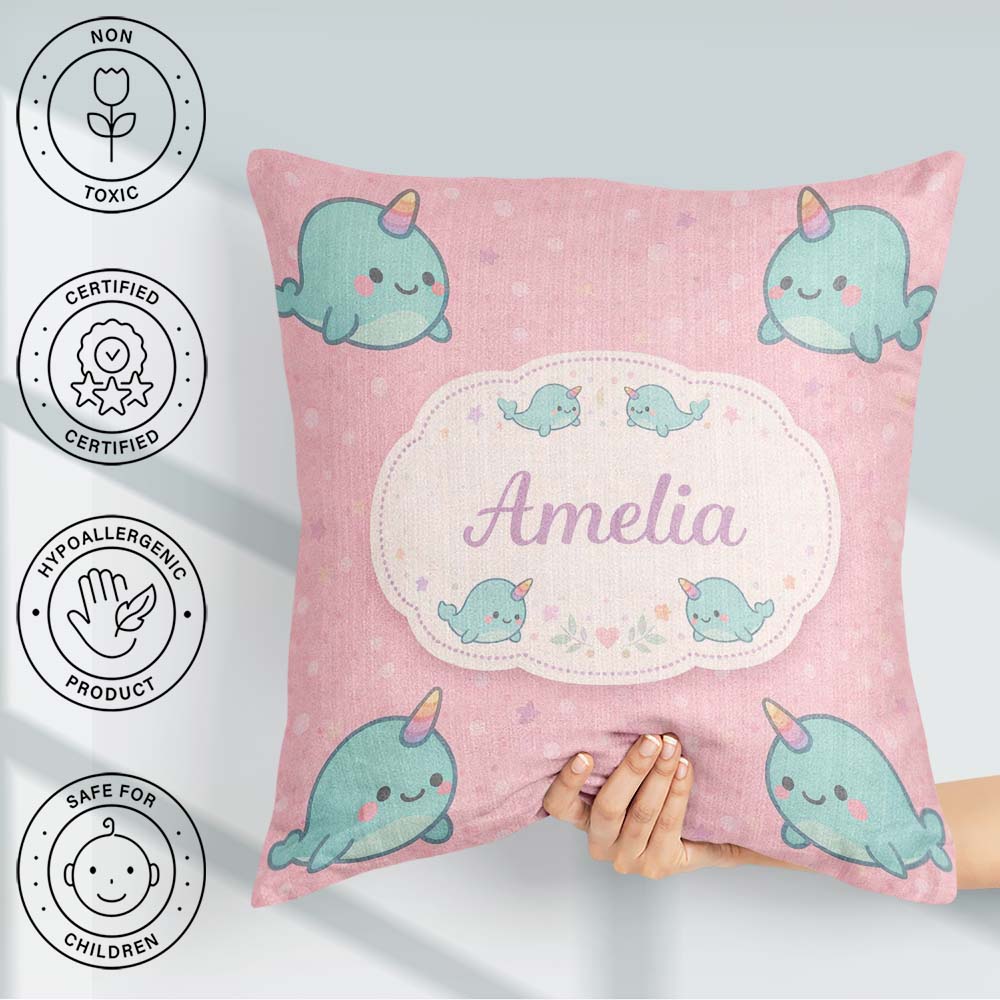 Custom Name Cute Narwhal Unicorn Whale Cartoon Animal Pattern Square Filled Cushion Throw Pillow Sofa Bed Home Decor Zip Washable UK Made