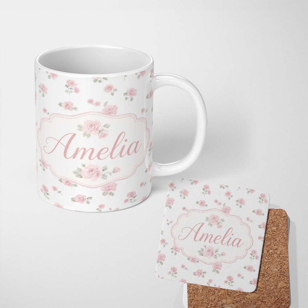 Personalized Custom Name Soft Pink Watercolor Roses Floral Elegant Seamless Pattern Lovely 11oz Ceramic Coffee Tea Mug White Large Handle