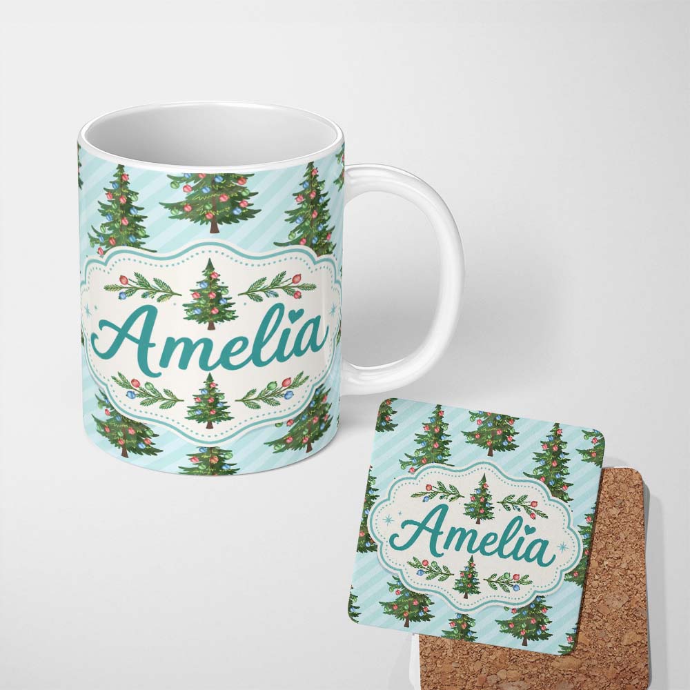 Personalized Custom Name Decorated Christmas Tree with Colorful Baubles on Blue Striped 11oz Ceramic Coffee Tea Mug White Large Handle