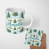 Personalized Custom Name Decorated Christmas Tree with Colorful Baubles on Blue Striped 11oz Ceramic Coffee Tea Mug White Large Handle