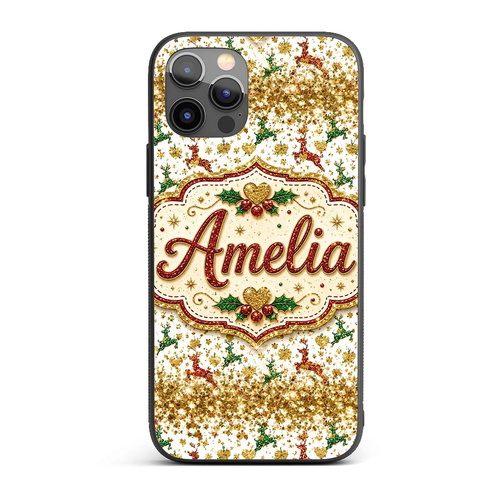Festive Reindeer Heart Gold Glitter Christmas Custom Name Protective Phone Case Mobile Cover Durable Everyday Smartphone Shock Resistant
