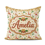 Custom Name Festive Reindeer Heart Gold Glitter Seamless Pattern Square Filled Cushion Throw Pillow Sofa Bed Home Decor Zip Washable UK Made