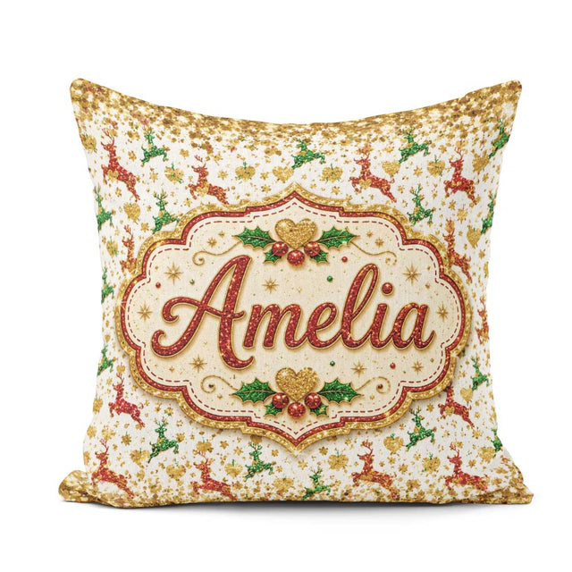 Custom Name Festive Reindeer Heart Gold Glitter Seamless Pattern Square Filled Cushion Throw Pillow Sofa Bed Home Decor Zip Washable UK Made