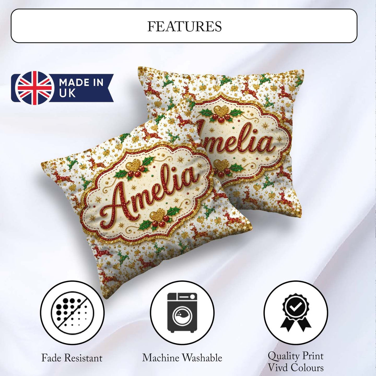Custom Name Festive Reindeer Heart Gold Glitter Seamless Pattern Square Filled Cushion Throw Pillow Sofa Bed Home Decor Zip Washable UK Made