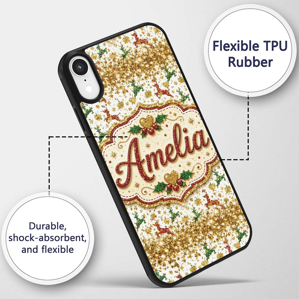 Festive Reindeer Heart Gold Glitter Christmas Custom Name Protective Phone Case Mobile Cover Durable Everyday Smartphone Shock Resistant