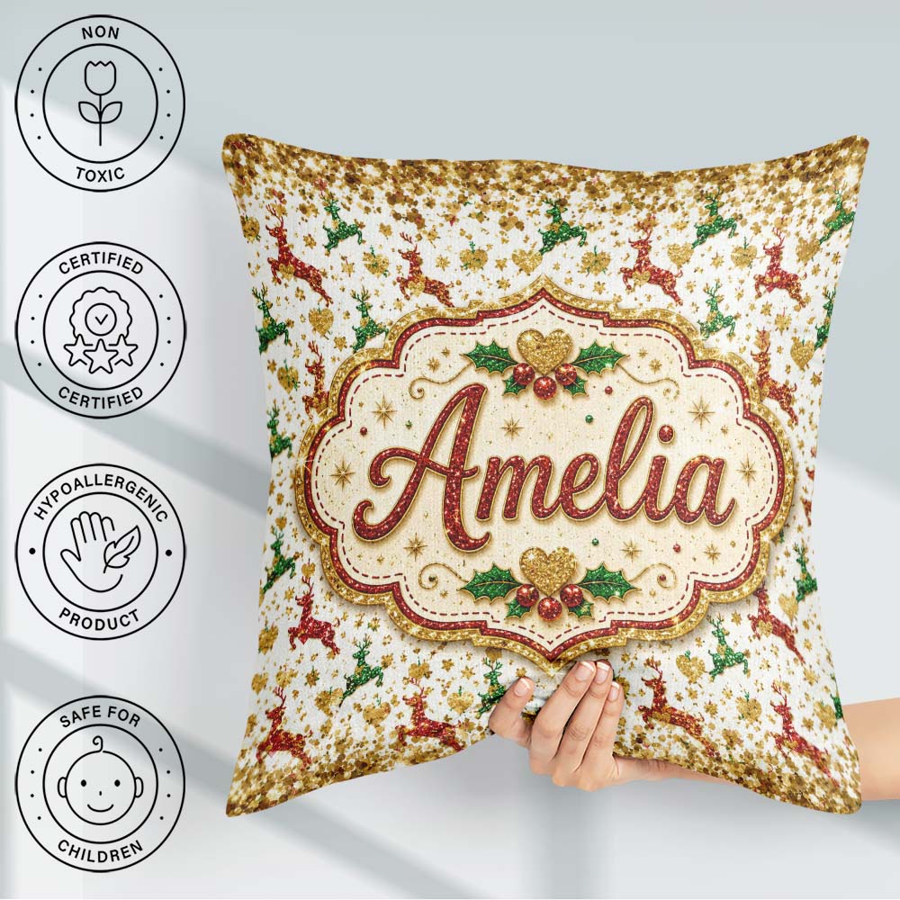 Custom Name Festive Reindeer Heart Gold Glitter Seamless Pattern Square Filled Cushion Throw Pillow Sofa Bed Home Decor Zip Washable UK Made