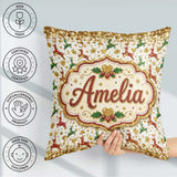 Custom Name Festive Reindeer Heart Gold Glitter Seamless Pattern Square Filled Cushion Throw Pillow Sofa Bed Home Decor Zip Washable UK Made