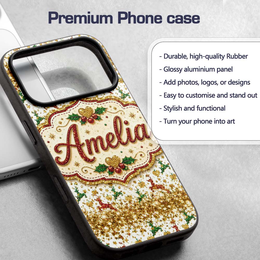 Festive Reindeer Heart Gold Glitter Christmas Custom Name Protective Phone Case Mobile Cover Durable Everyday Smartphone Shock Resistant