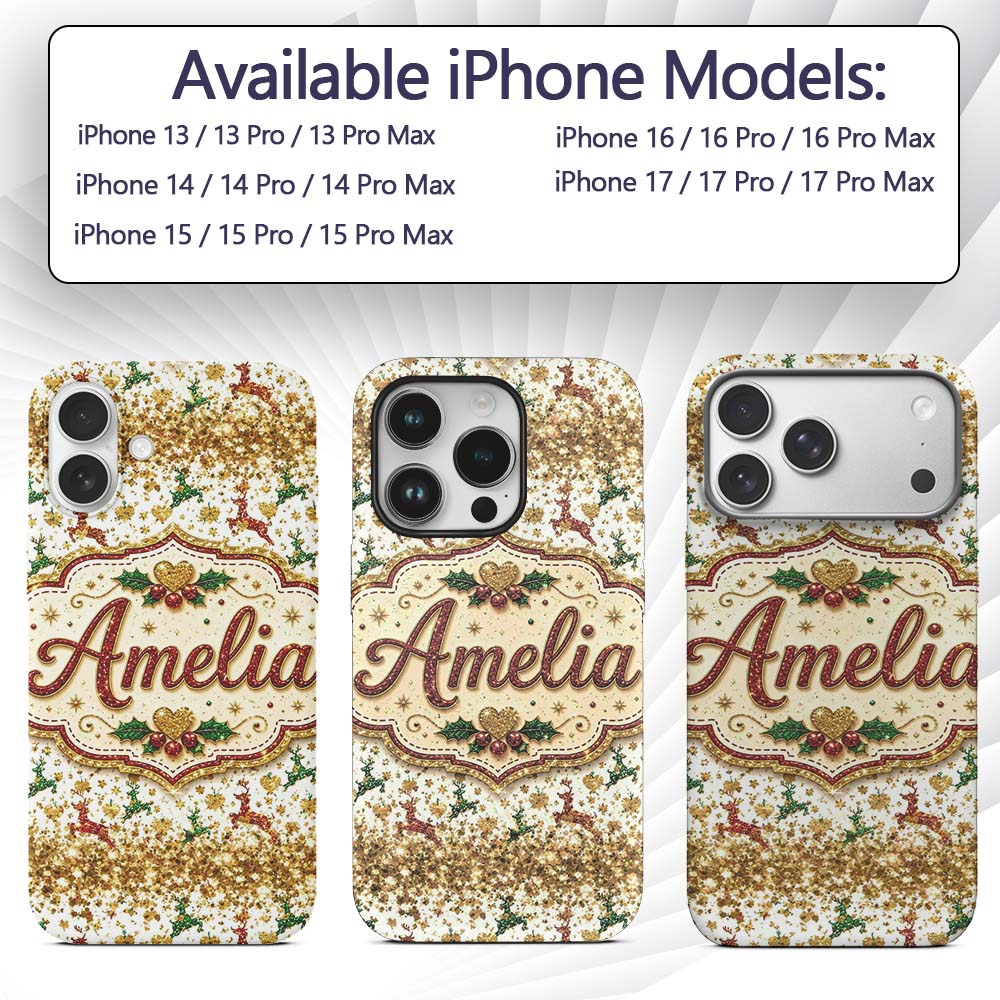 Festive Reindeer Heart Gold Glitter Christmas Custom Name Protective Phone Case Mobile Cover Durable Everyday Smartphone Shock Resistant